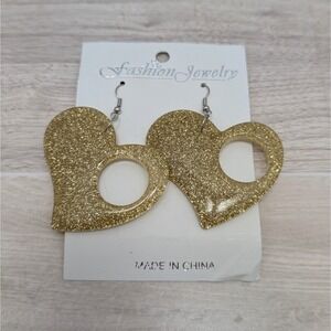Vintage Gold Glitter Resin Plastic Dangle Heart Shape Costume Earrings Sparkle